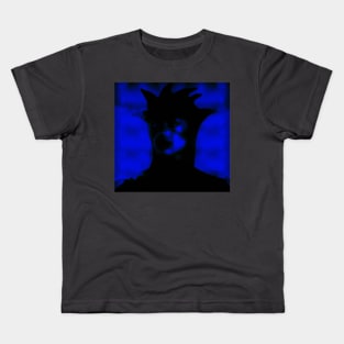 Beautiful girl in strange dark suit, with face mask. Blue, black. Dark. Kids T-Shirt